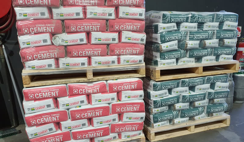 Cement and concrete bags on pallets